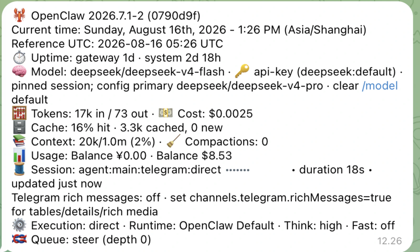 Output perintah /status di Telegram