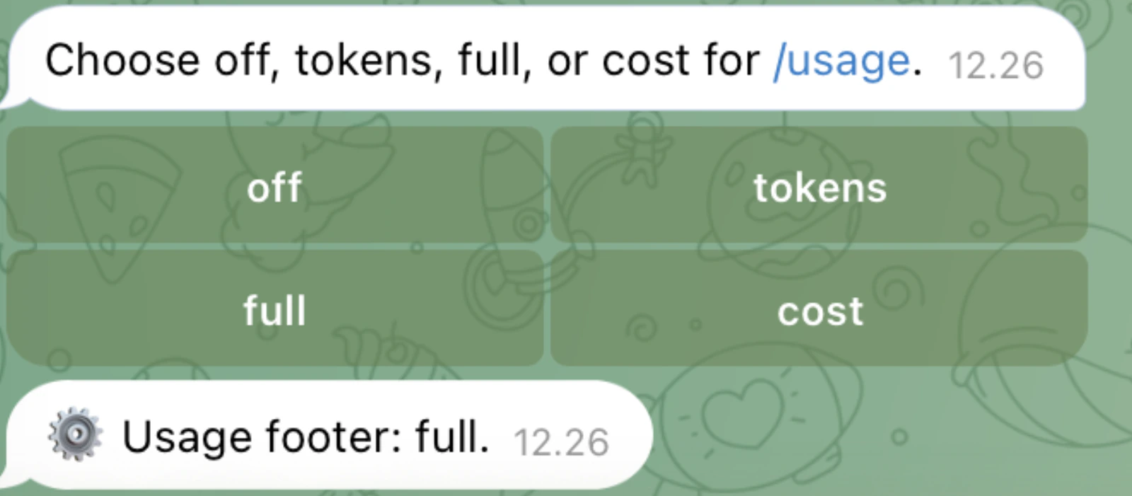Pilihan footer /usage: off, tokens, full, cost