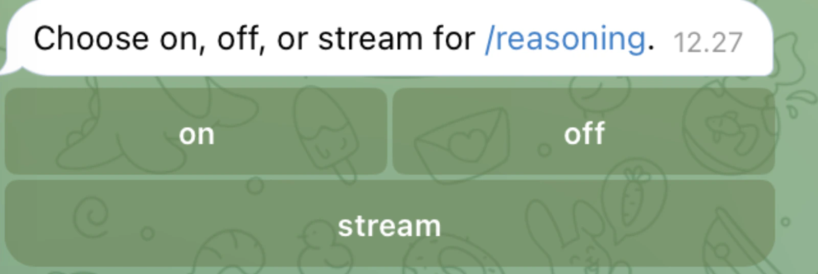 /reasoning menampilkan pilihan on, off, stream