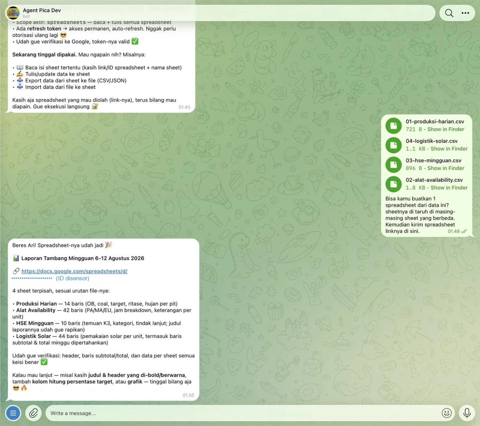 Upload 4 CSV, agent membuat spreadsheet Laporan Tambang Mingguan dengan 4 sheet dan mengirim link