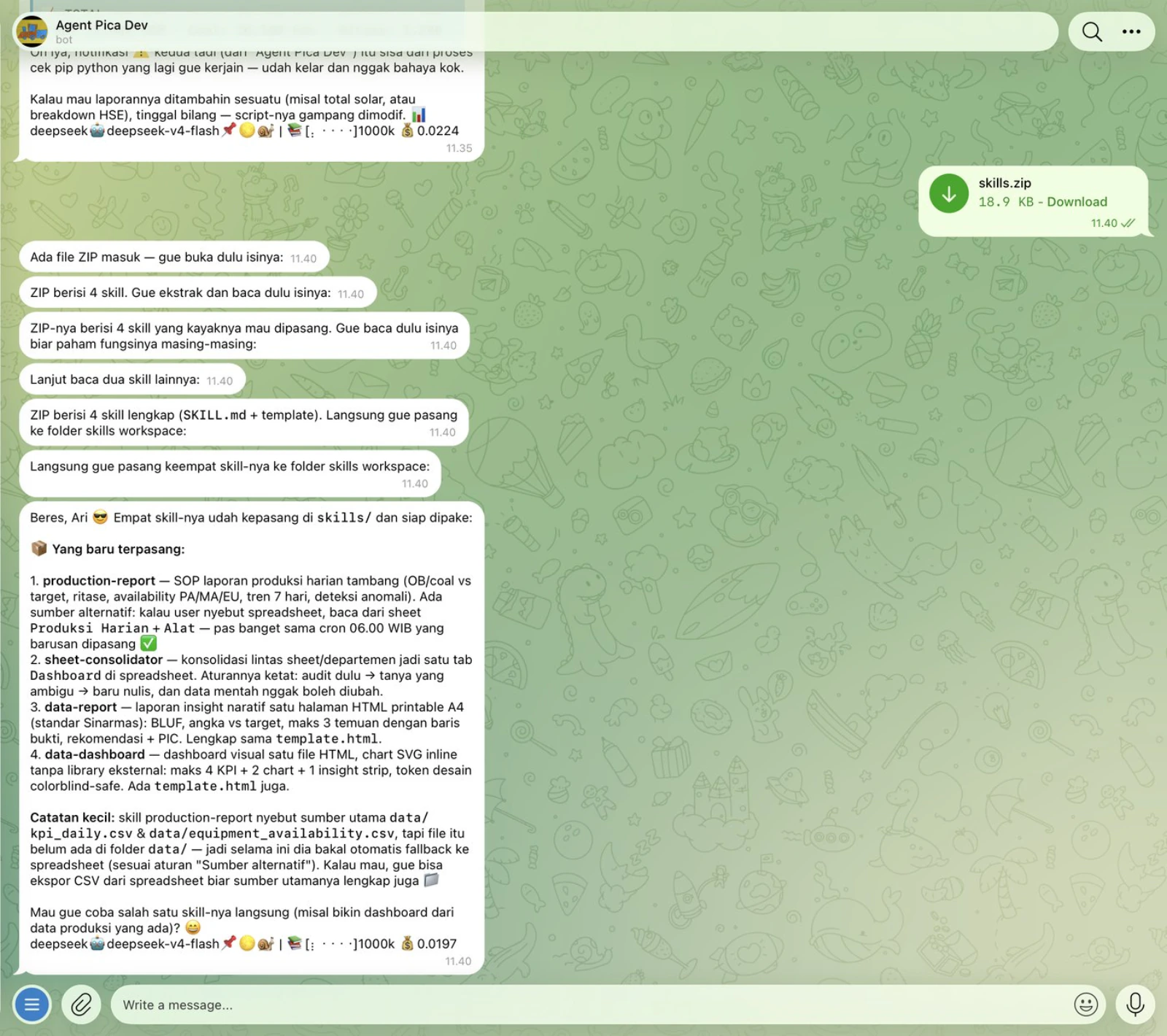 Upload skills.zip ke chat, agent memasang 4 skill dan merangkum fungsi masing-masing