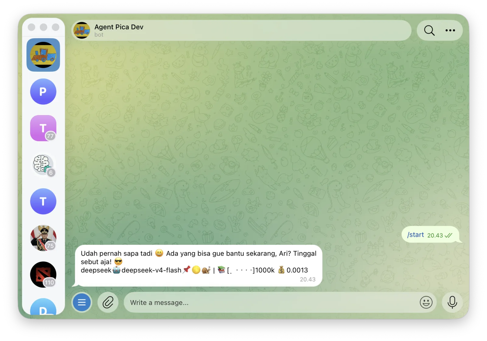 Chat Telegram Agent Pica Dev: kirim /start, bot membalas sapaan dan siap menerima perintah