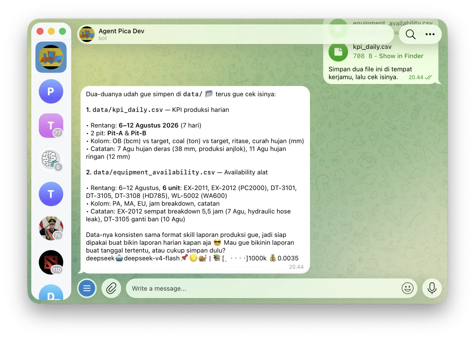 Balasan agent: kedua file disimpan di data/, lengkap dengan rangkuman rentang tanggal, kolom, dan catatan anomali tiap CSV