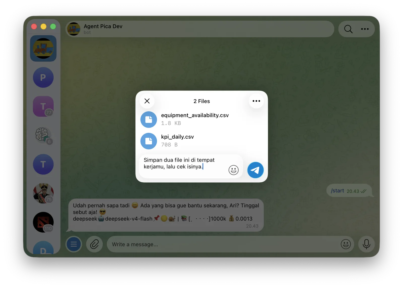 Dialog kirim Telegram: 2 file CSV dengan caption Simpan dua file ini di tempat kerjamu, lalu cek isinya