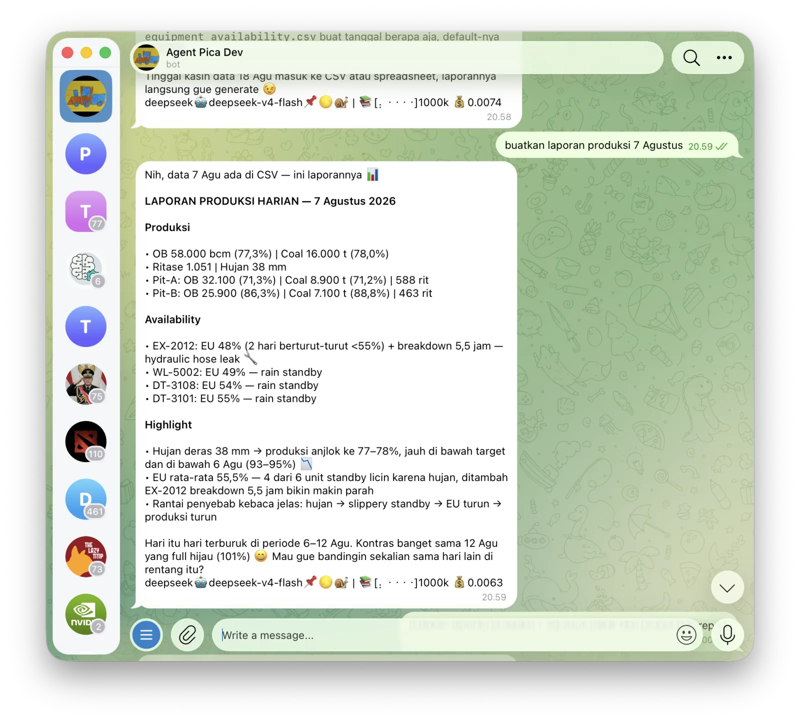 Chat Telegram: permintaan buatkan laporan produksi 7 Agustus dibalas laporan lengkap sesuai template — Produksi, Availability, Highlight dengan rantai penyebab hujan