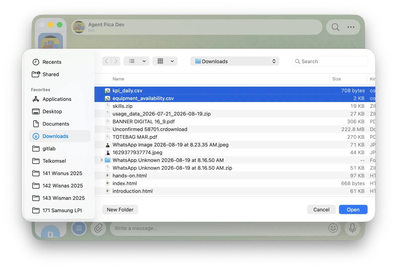 File picker: memilih kpi_daily.csv dan equipment_availability.csv dari folder Downloads