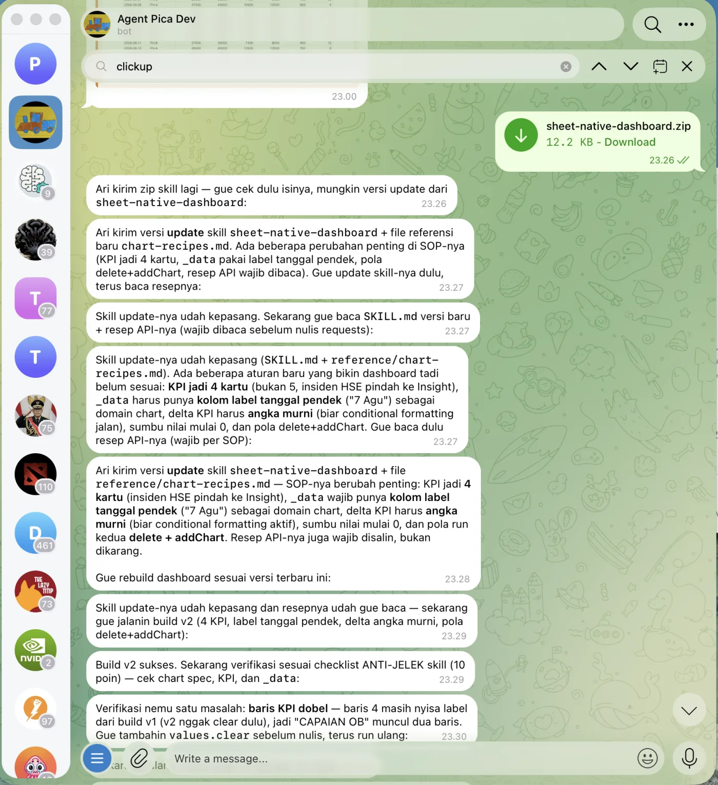 Chat Telegram: file sheet-native-dashboard.zip dikirim, agent memasang skill, membaca SKILL.md dan chart-recipes.md, lalu membangun ulang dashboard dan memverifikasi checklist