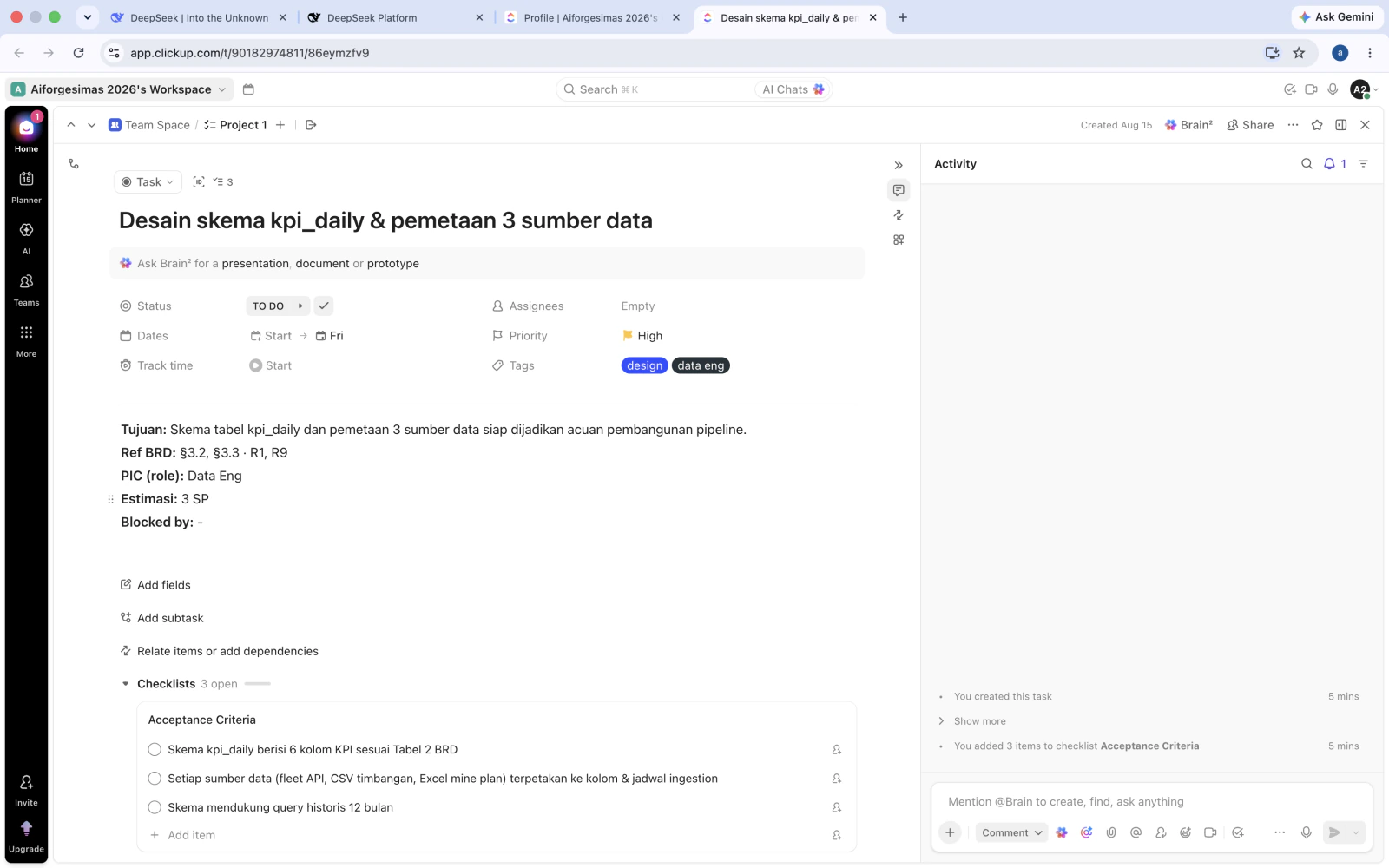 Task Desain skema kpi_daily & pemetaan 3 sumber data di ClickUp