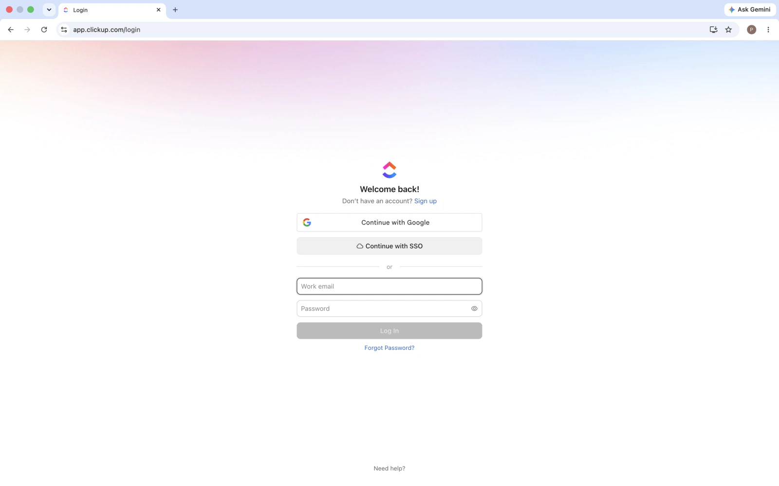 Halaman login ClickUp