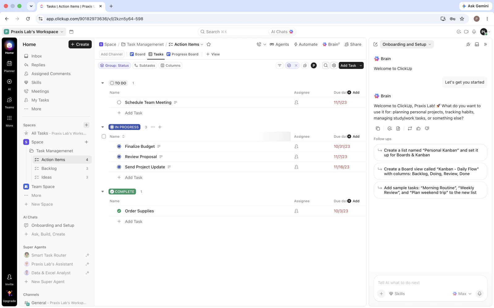Folder Task Management dengan list Action Items, Backlog, Ideas