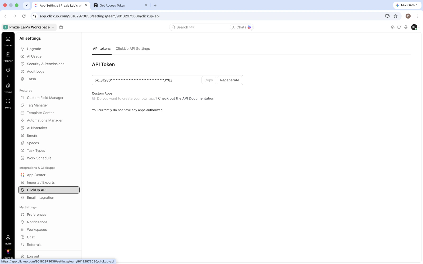 Halaman ClickUp API dengan API token