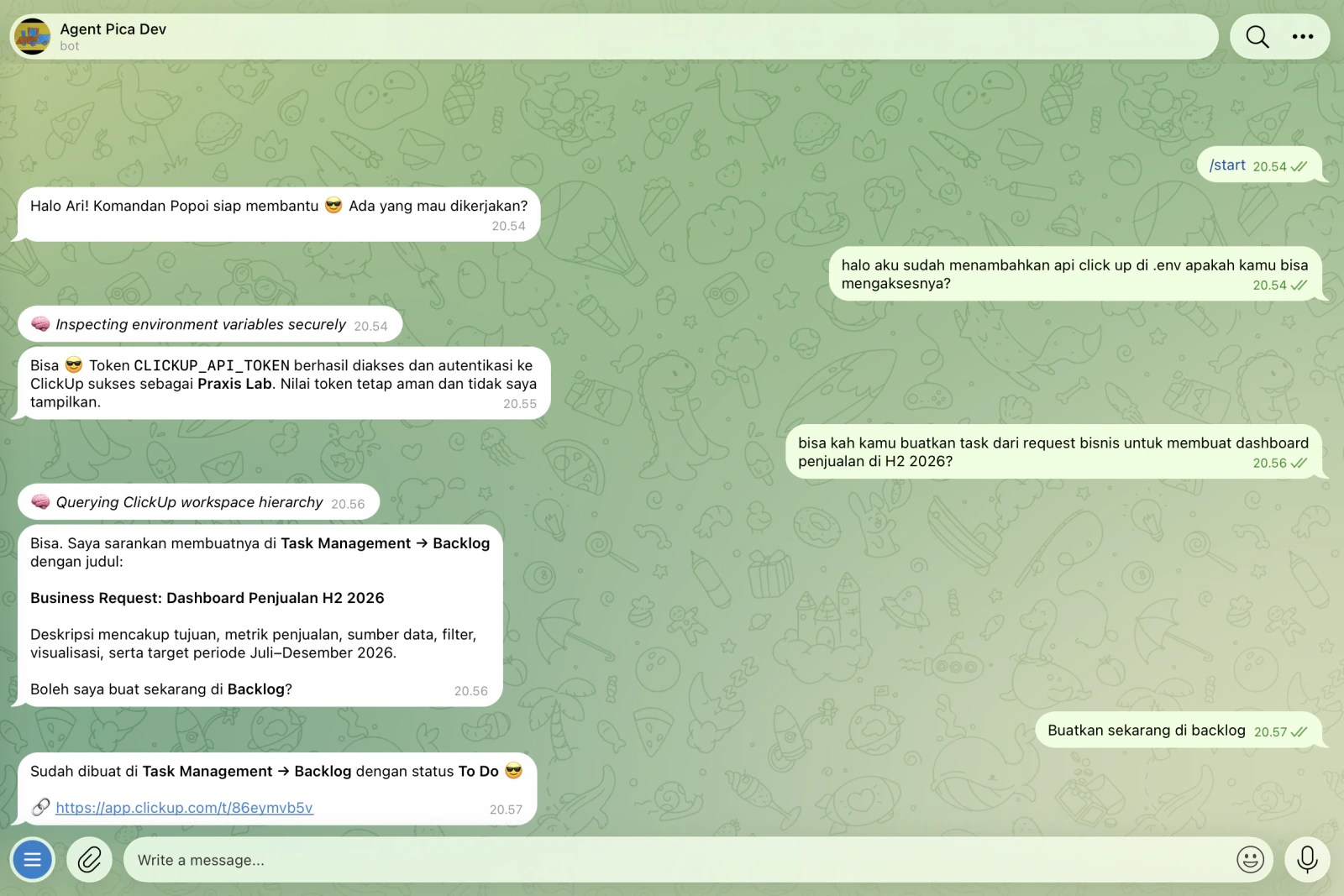 Chat Telegram: agent mengonfirmasi akses ClickUp