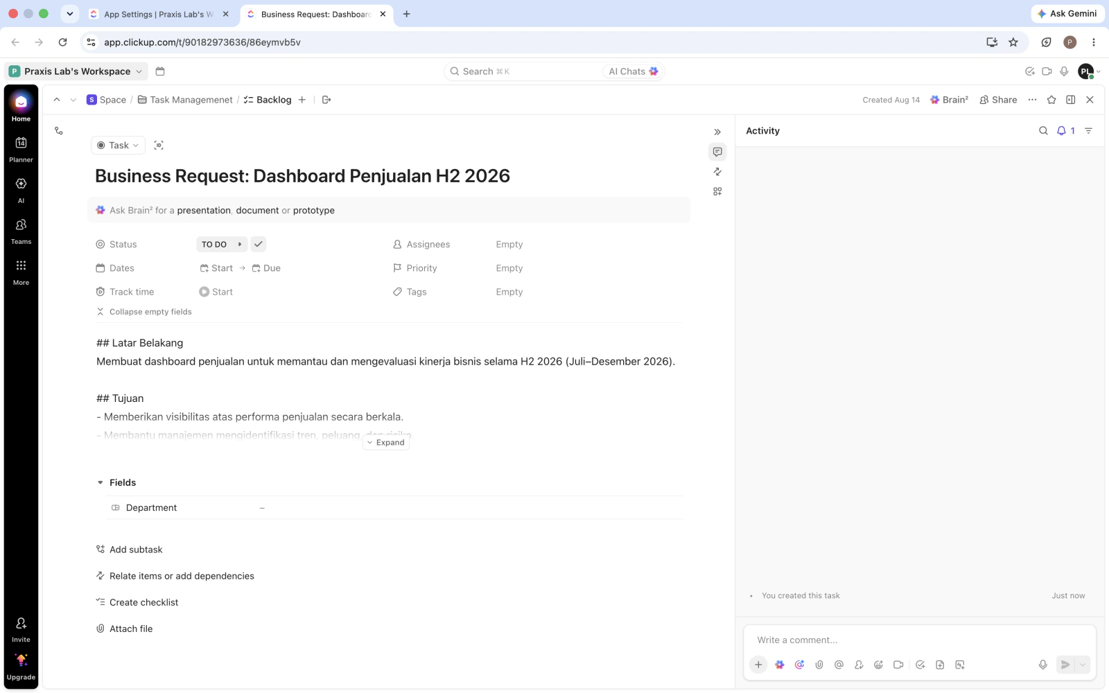 Task Business Request: Dashboard Penjualan H2 2026 di ClickUp