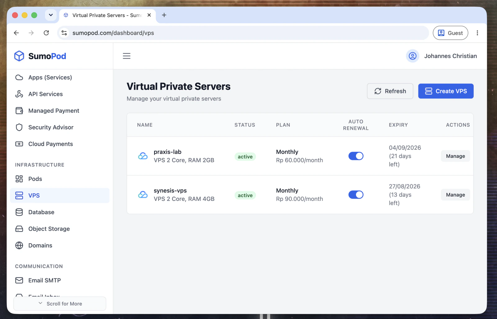 Masuk ke menu VPS, klik <span class='em'>Create VPS</span>
