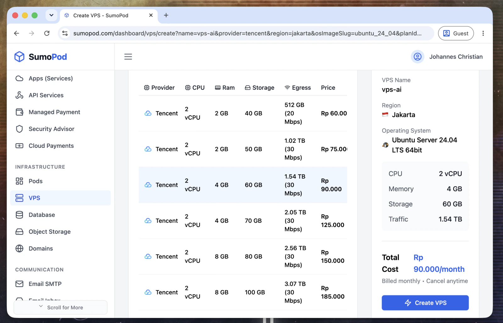 Pilih paket, lalu klik Create VPS