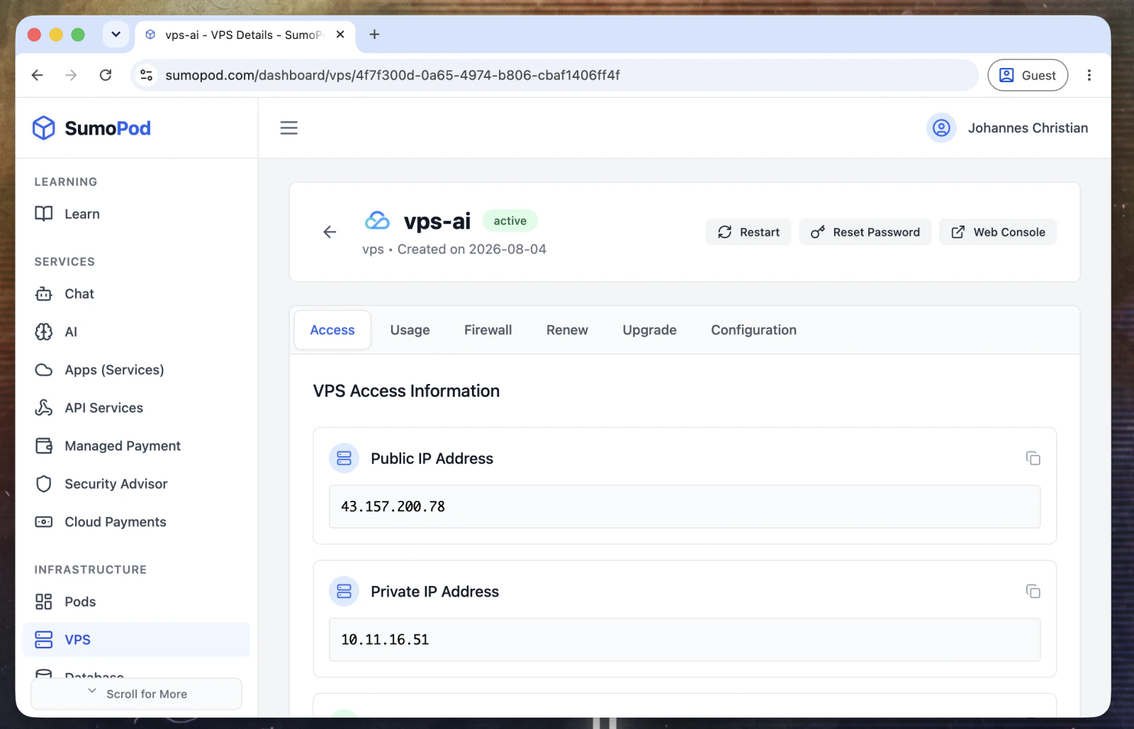 VPS sudah dibuat. Pastikan statusnya active