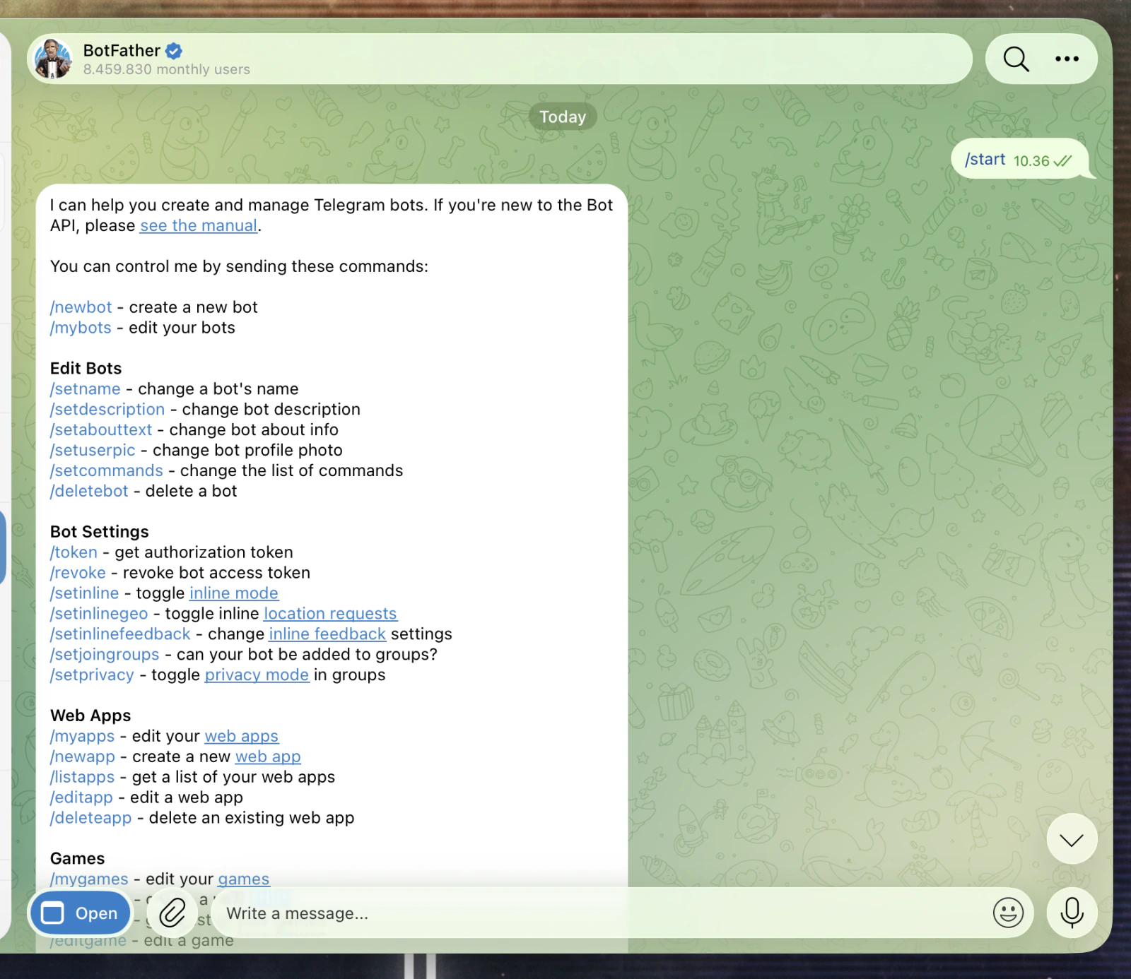 Klik Open untuk membuka menu BotFather
