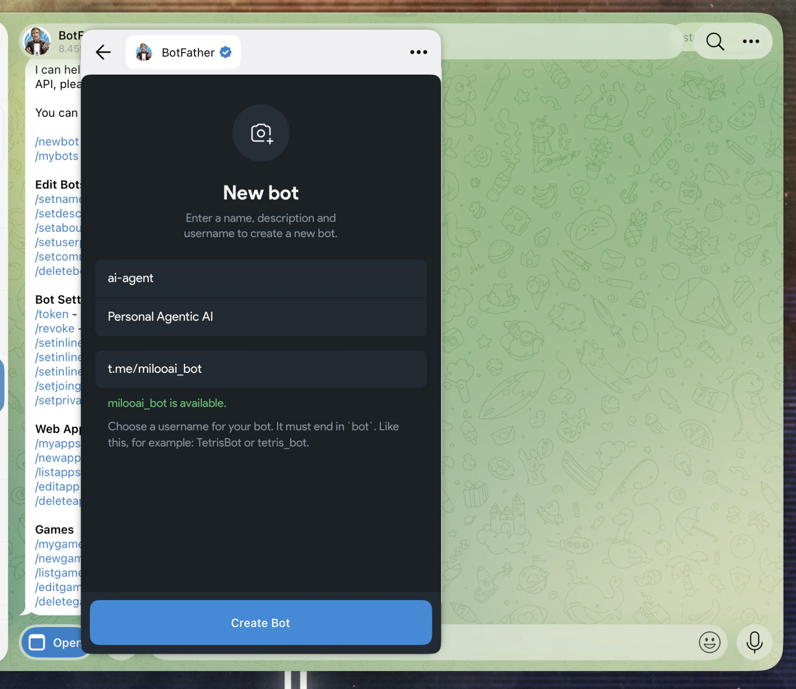Isi detail bot, lalu klik Create Bot
