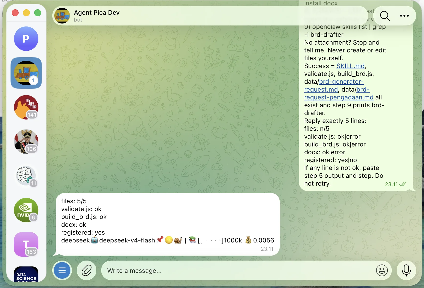 Balasan agent: lima baris laporan, registered yes